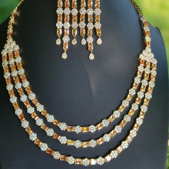 Beautiful 3 layer Long Statement Simulated Diamond Necklace Earrings with Tika. - Picture 4 of 5